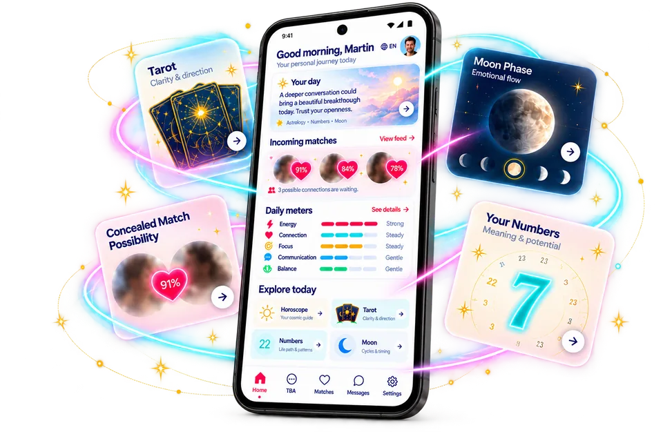 Illustrative preview of the SoulMates Quest app: the Home screen with today’s readings and concealed connection cards. Names and scores are examples.