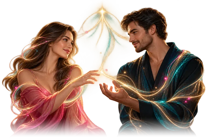 An adult woman and man facing each other and smiling, their hands linked by a shared thread of light.