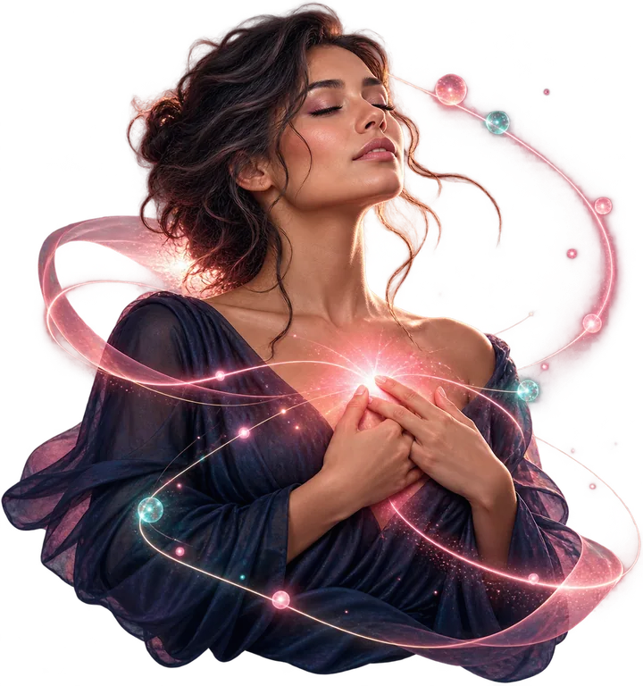 An adult woman with her eyes closed and her hands over her heart, surrounded by soft raspberry light.