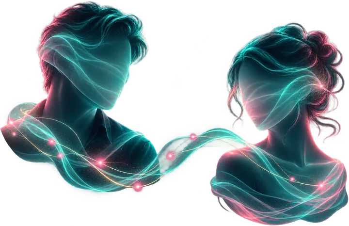 Two adult figures with their faces veiled in light, joined by a thin cyan trail.